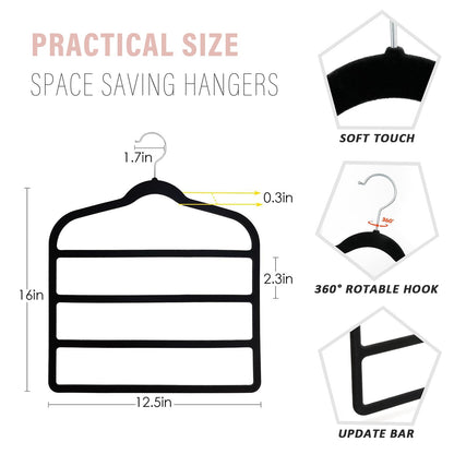3 Pack Velvet Trouser Hangers - 4-Layer Space Saving, Non Slip for Jeans, Trousers, Leggings, Tie, Scarf and Towel