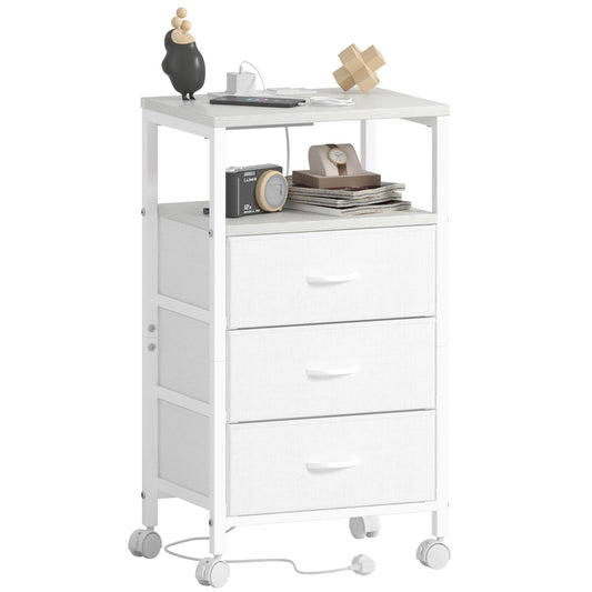 Lutown-Teen Bedside Table with Charging Station, Small Bedside Cabinets on Wheels for Bedroom, Side Table with 3 Fabric Drawers and Open Storage Shelf