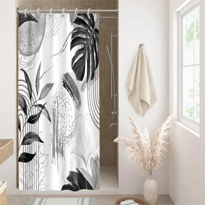 Uiiooazy Anti-Mould Shower Curtain, Narrow Shower Curtain 90 x 180 cm, Grey Tropical Palm Leaves Jungle Boheme Bath Curtains Washable Fabric