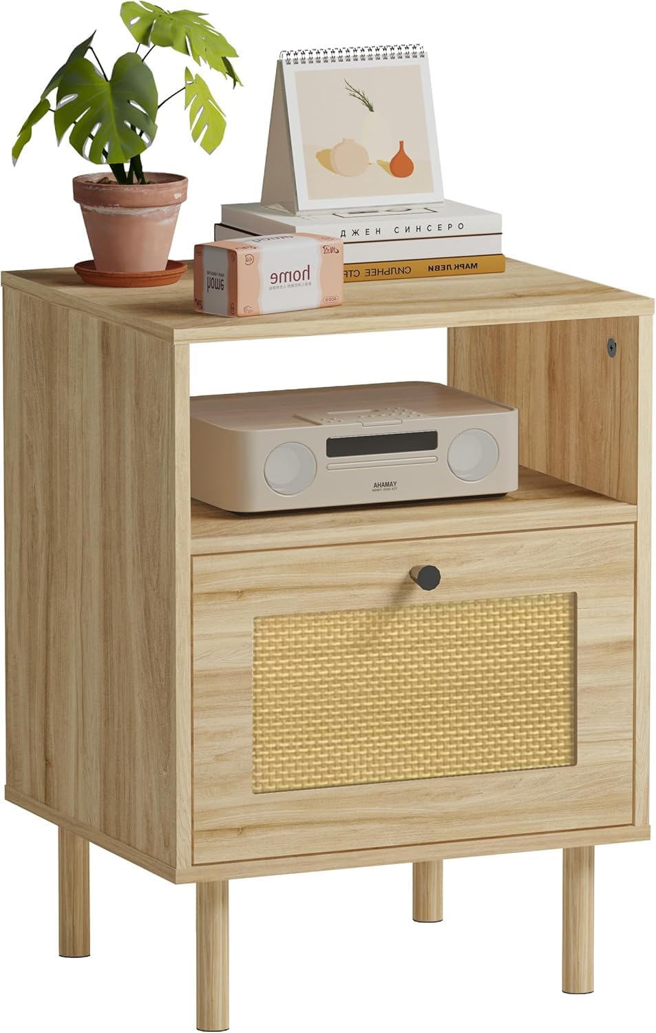 DongRong Bedside Table, Boho Farmhouse Oak Rattan Nightstand with Drawers