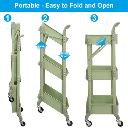 Shrivee 3-Tier Foldable Metal Shelf Organiser, Serving Trolley with Wheels for Kitchen, Bathroom, Office (Green)