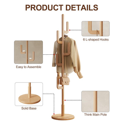 AQIMUELE Coat Stand, Woodem Coat Rack Stand - Cactus Design with 6 Hooks, Sturdy and Easy Assembly for Hallway Entryway, Hat Stand for Clothes