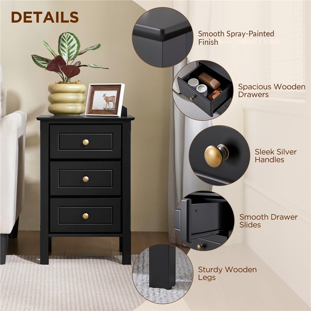 Yaheetech Bedside Table with 3 Drawers, Black