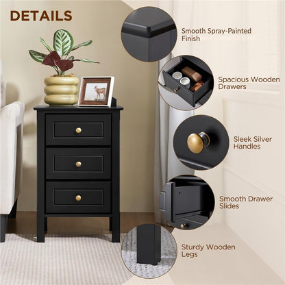 Yaheetech Bedside Table with 3 Drawers, Black