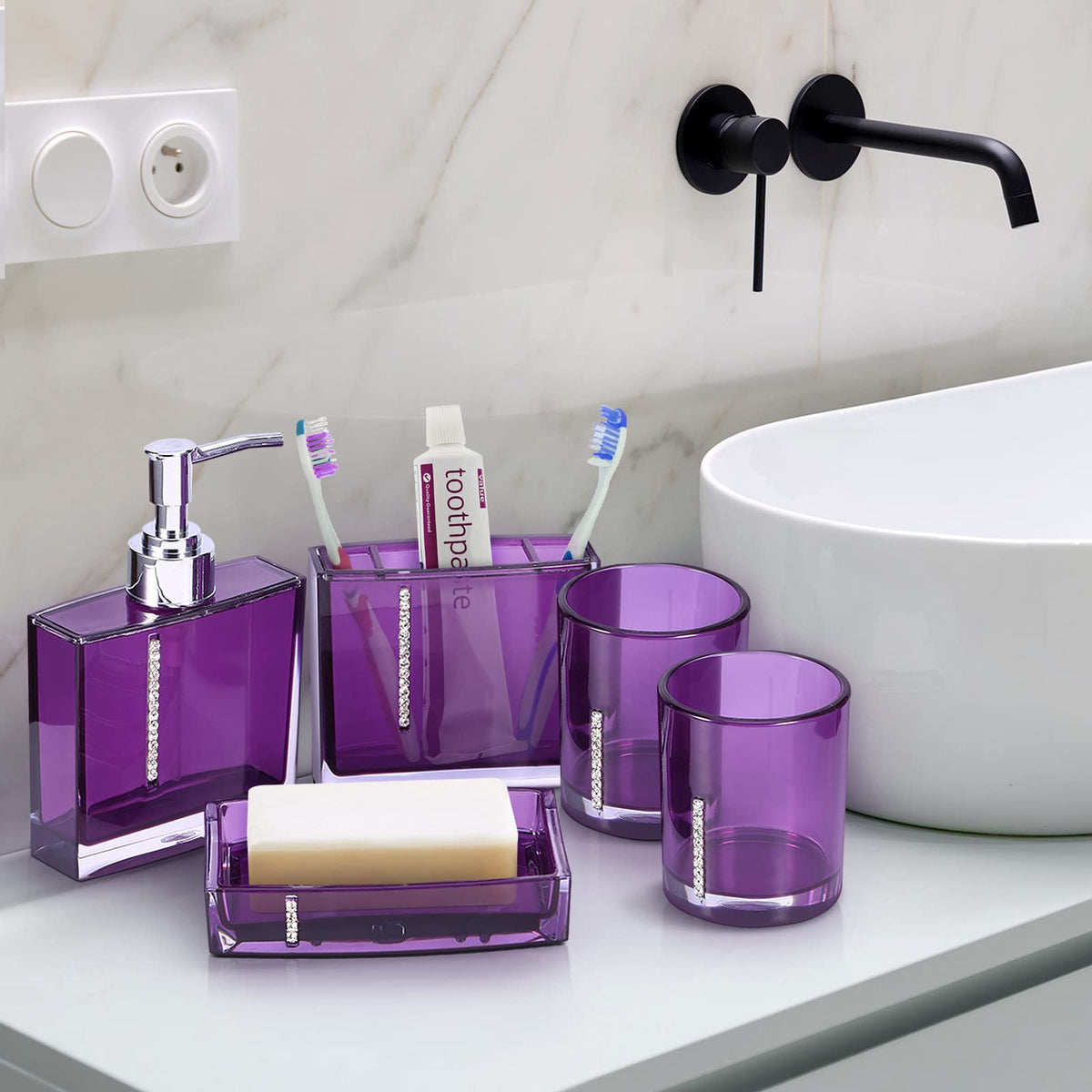 5 Piece Bathroom Accessory Set, Modern Design Acrylic Luxury Bath Vanity Set with Soap Dish, Tooth Brush Holder, Emulsion Bottle