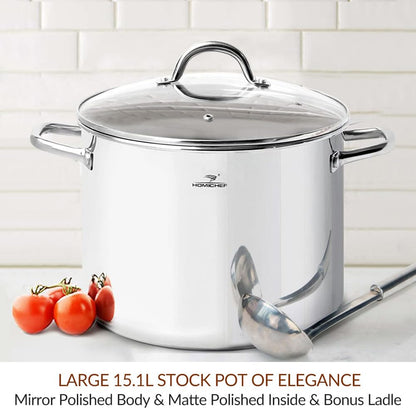 HOMICHEF Large Nickel Free Stainless Steel Stock Pot with Lid (29 cm, 15 Litre) - Mirror Polished Stock Pot 15L with Lid - Heavy Soup Pot Large