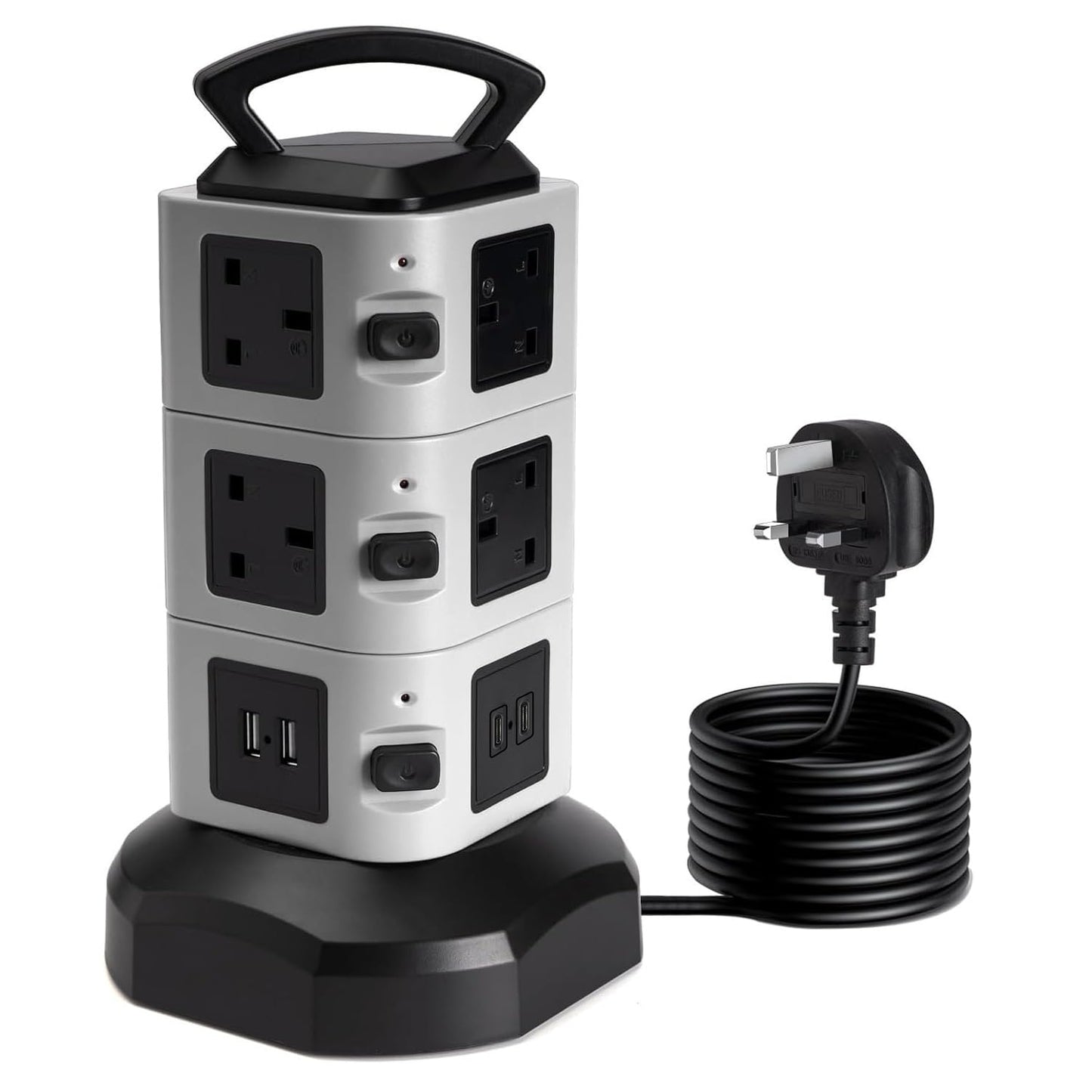 Tower Extension lead 2M, 10 Way (13A 3000W) Surge Protected Extension Sockets with 2 USB C and 2 USB A, Multi Plug Socket with 3 Independent