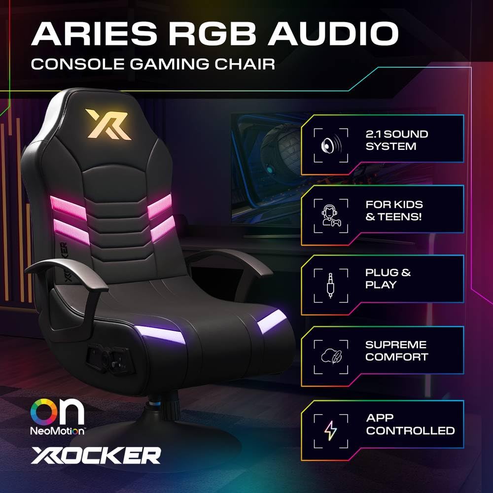 X-Rocker Aries RGB 2.1 Pedestal, Stereo Audio Gaming Chair - Neo Motion™ Sync App Controlled LED Lights, Immersive Sound, Folding