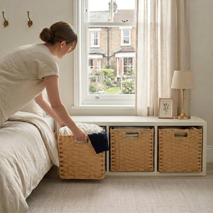 SOCOHOME Cube Storage Box,31x31x31cm Faux Rattan Boxes for Toy Clothes Shelf Nursery Closet Waterproof,Non-Mouldy(Beige, 4 Pcs)