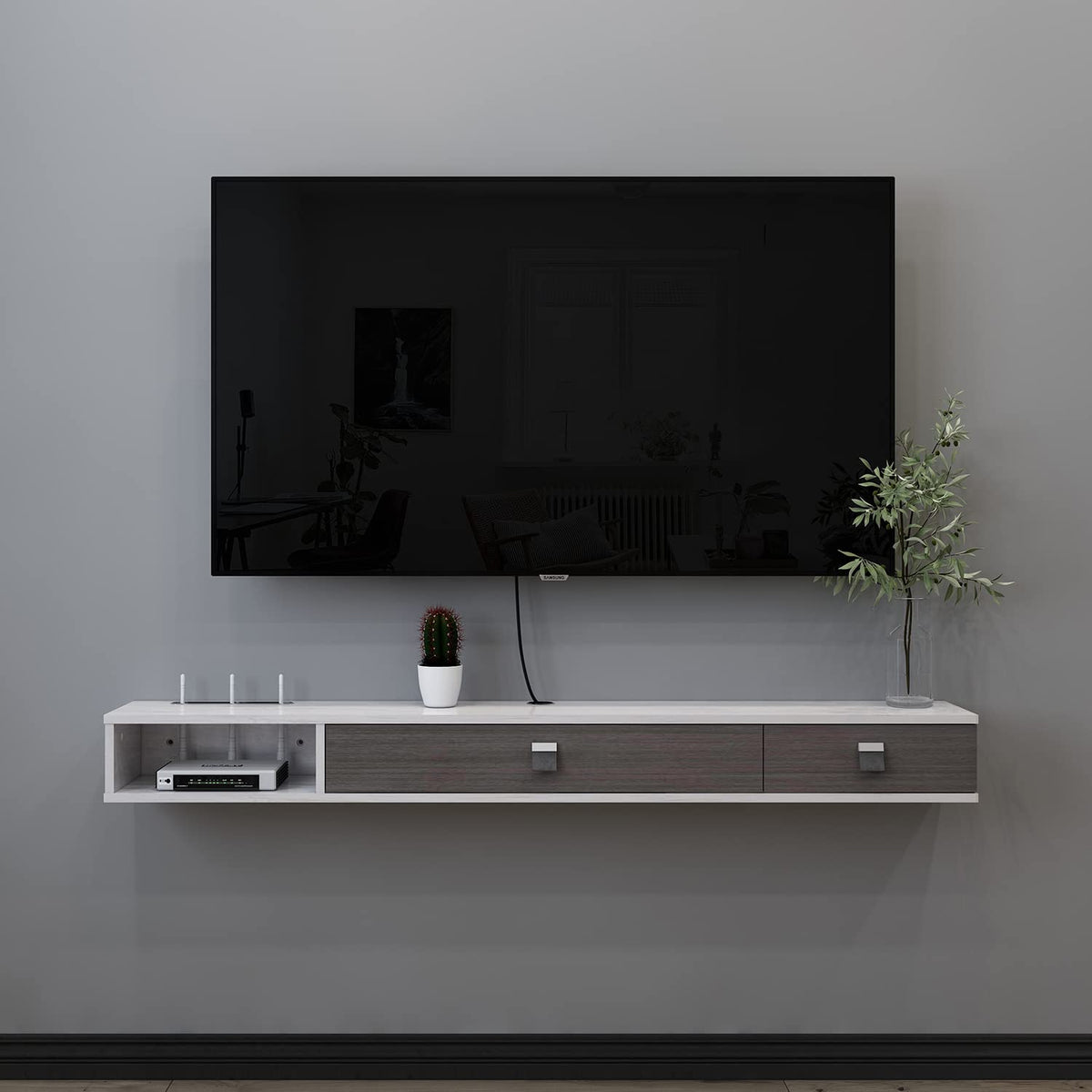 Pmnianhua Floating TV Unit, 47'' Wall Mounted TV Cabinet, Floating Shelves with 2 Doors