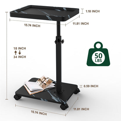 YYW Adjustable C Shaped Side Table with Wheels for Sofa, Marble Black White