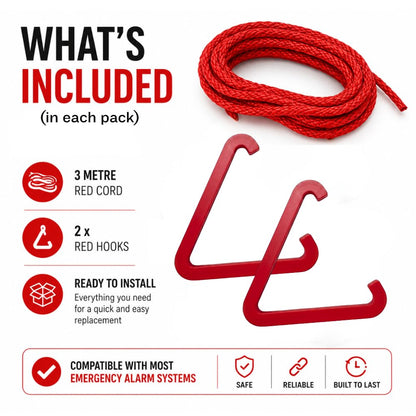 315 Supplies Red Triangle Emergency Alarm Pull Cord for Accessible Bathrooms Disabled Toilet - 2 Hook Set, 3m Cord Length Easy-Fit Adjustable Cord