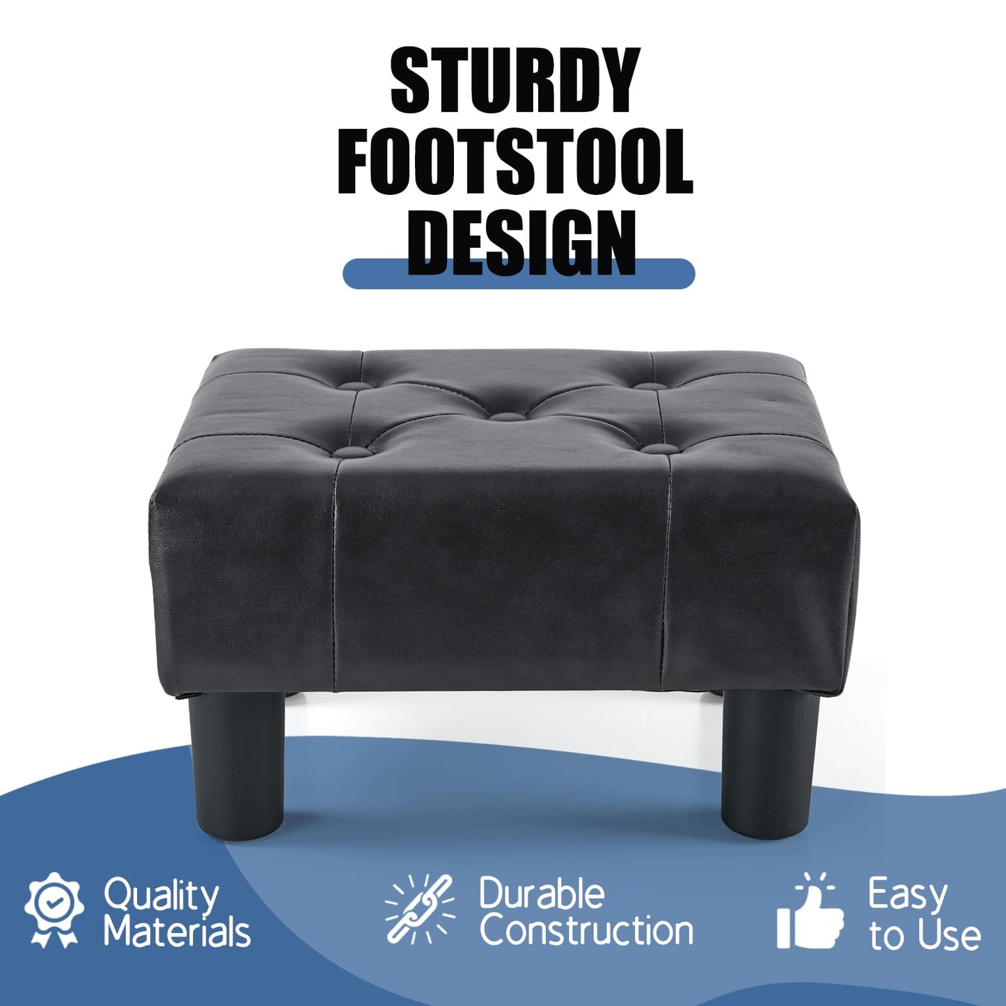 BRIAN & DANY Small Foot Stool, Faux Leather Footstool with Legs, Footstools for Living Room, Footrest Extra Seating for Entryway, Black