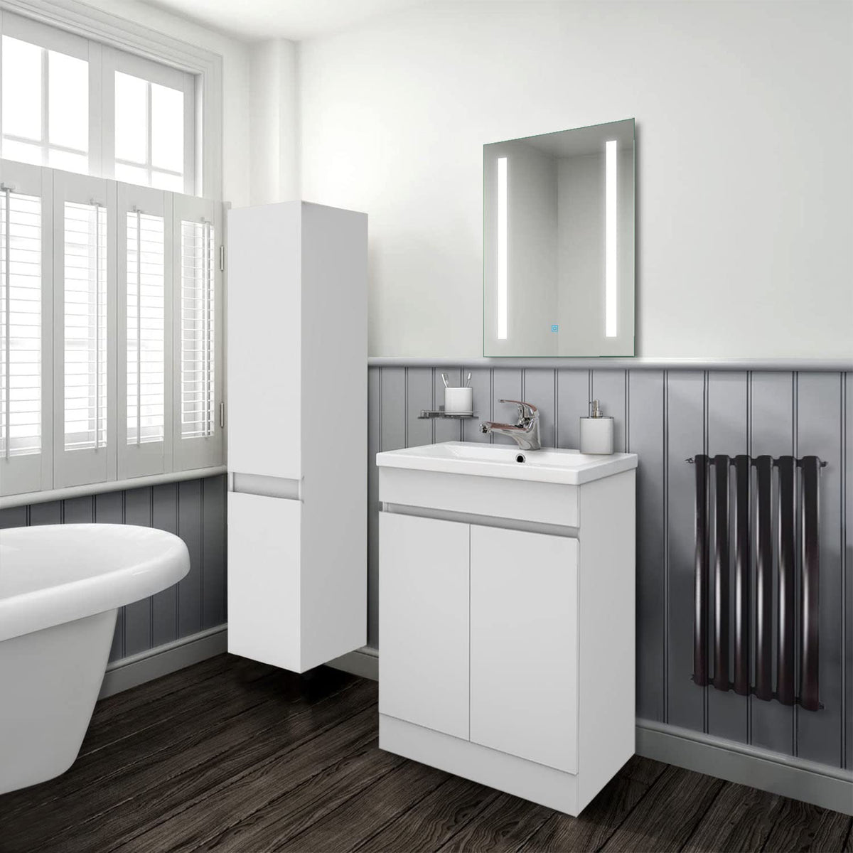 Biubiubath 600mm Bathroom Sink Unit with Basin Matt White 2 Soft Close Doors Freestanding Bathroom Suite with Vanity Unit