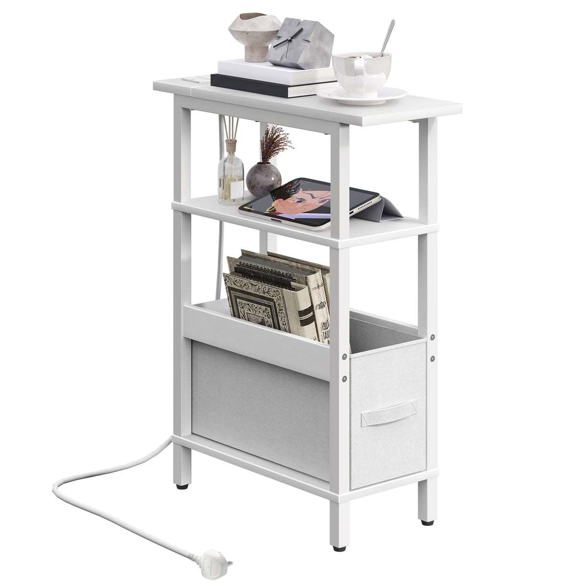 MAHANCRIS Narrow Side Table with Charging Station, 3 Tier Small End Table for Small Spaces, Slim Side Shelf with Storage, for Living Room, Bedroom