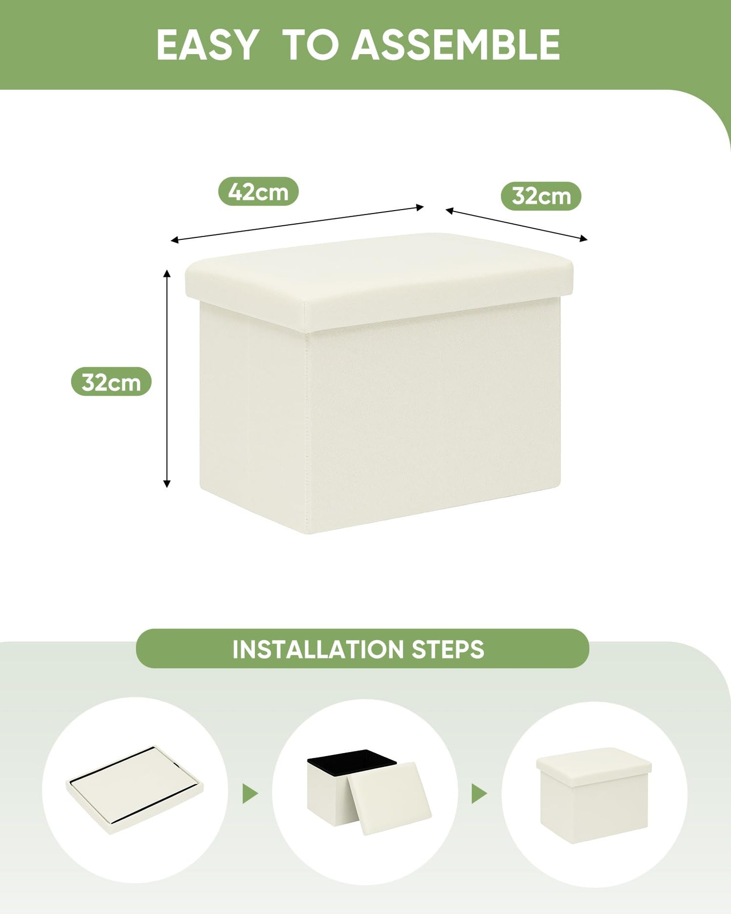 Bonlife Ottoman Storage Box - Foldable Rectangular Footstool for Living Room, Kids Toy Chest with Lid, Multi-Use Seat & Storage, Cream, 42x32x32 cm