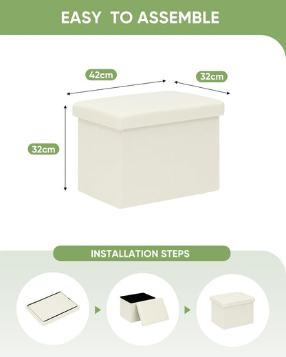 Bonlife Ottoman Storage Box - Foldable Rectangular Footstool for Living Room, Kids Toy Chest with Lid, Multi-Use Seat & Storage, Cream, 42x32x32 cm