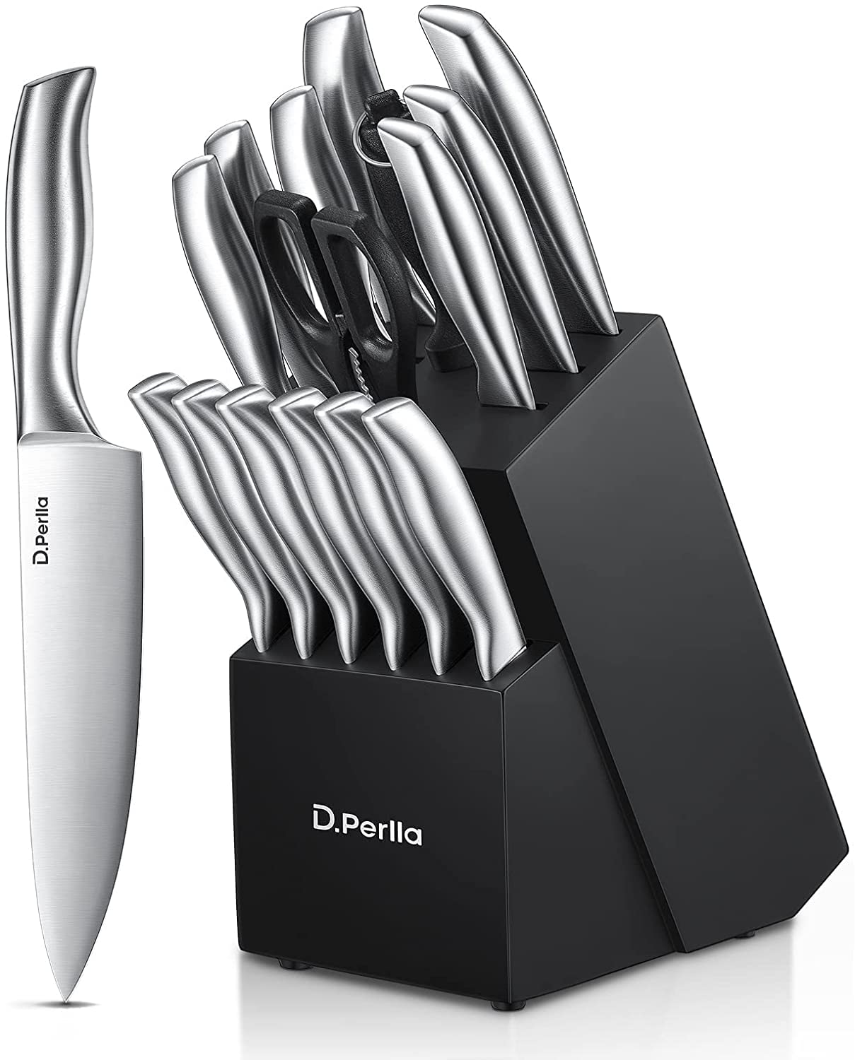 D.Perlla Knife Set, 16 Pieces High Grade Stainless Steel Kitchen Knives Set with Wooden Block, Sharp and No Rust Kitchen Knife Set with Knives, Steak