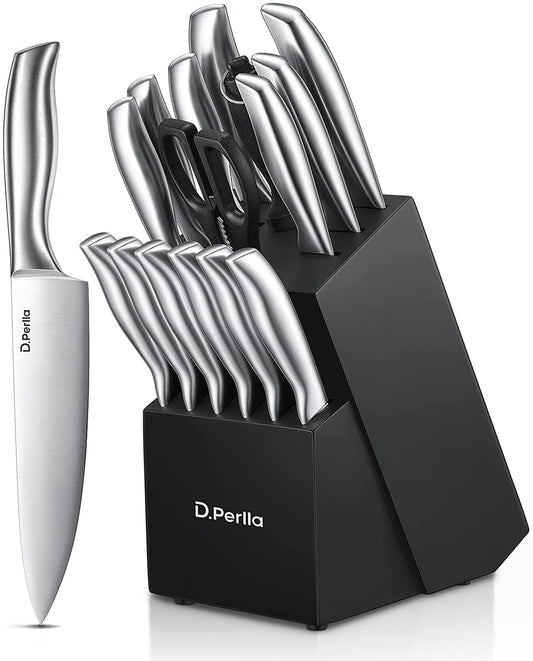 D.Perlla Knife Set, 16 Pieces High Grade Stainless Steel Kitchen Knives Set with Wooden Block, Sharp and No Rust Kitchen Knife Set with Knives, Steak