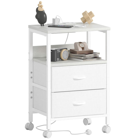 Lutown-Teen Bedside Table with Charging Station, Small Bedside Cabinets on Wheels for Bedroom, Side Table with 2 Fabric Drawers and Open Storage Shelf