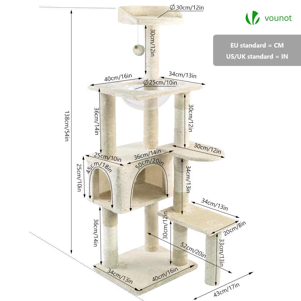 VOUNOT? Cat Tree Tower, Cat Condo with Space Capsule, Multi Level Cat Climbing Frame Indoors, Cat Activity Tree, Beige