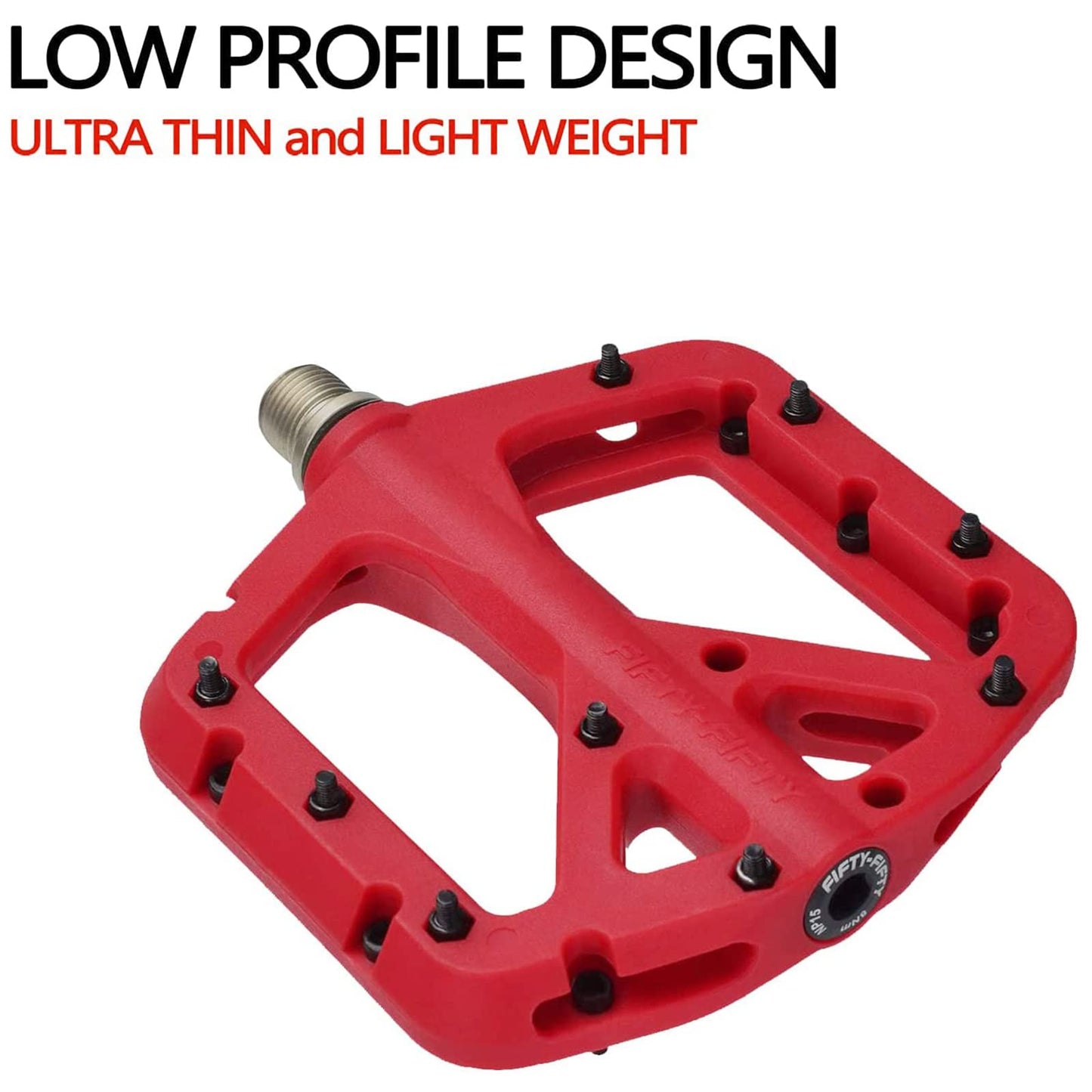 FIFTY-FIFTY Mountain Bike Pedals, Non-Slip MTB Nylon Composite, 9/16" Bicycle Pedals, Lightweight and Wide Flat Platform (Red)