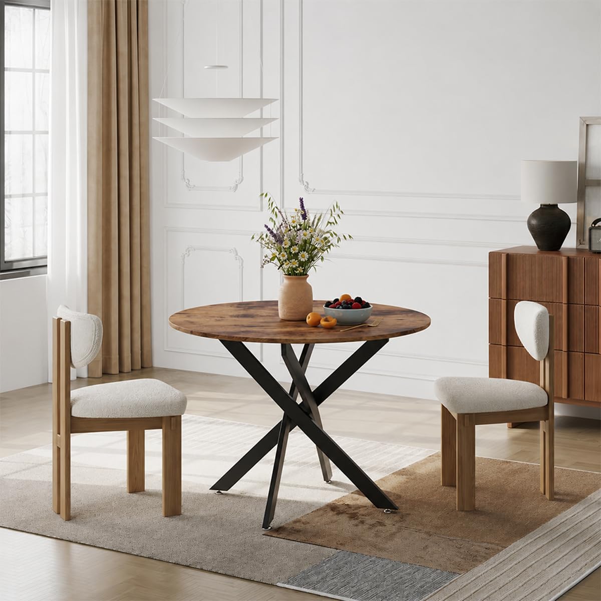 NIERN Round Dining Table 80cm, Space-Saving Wooden Kitchen Table for 2-4 People, Sturdy Black Metal Legs,Compact Dining Table for Small Spaces, Brown