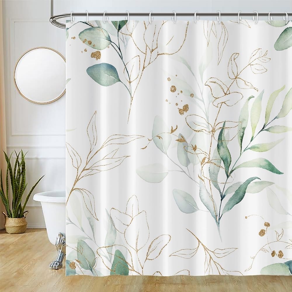 Uiiooazy Eucalyptus Shower Curtain, Sage Green Gold Leaves Pattern Bath Curtain Mildew and Mould Resistant Waterproof Polyester Fabric Washable