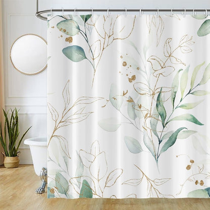Uiiooazy Eucalyptus Shower Curtain, Sage Green Gold Leaves Pattern Bath Curtain Mildew and Mould Resistant Waterproof Polyester Fabric Washable