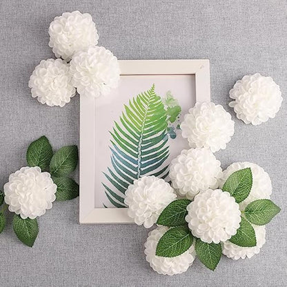 N&T NIETING Artificial Flowers 20pcs Fake Dahlia Flowers with Leaves and Stems, Foam Dahlia DIY Flower for Wedding Bouquets Floral Centerpieces Arrangements Shower Party Home Decor, White