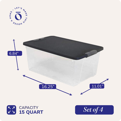 Homz 15-Quart Clear Plastic Stackable Storage Container Organizer Bin with Gray Snaplock Latching Lid for Home and Office Organization (4 Pack)