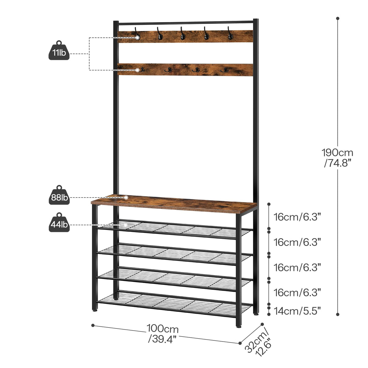 HOOBRO Coat Stand, Coat Rack with Shoe Storage, Free Standing Hall Tree with 9 Hooks, Shoe and Coat Rack for Hallway, Entryway, Metal Frame, Sturdy