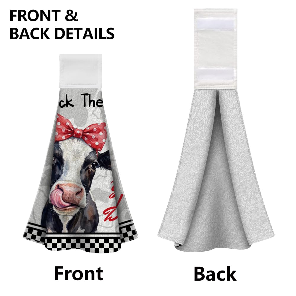 WADORN 2Pcs Funny Cow Kitchen Towels with Hanging Loop, Soft Absorbent Farm Cow I'll Lick The Dishes Hand Towels Spring Summer Dish Cloths for