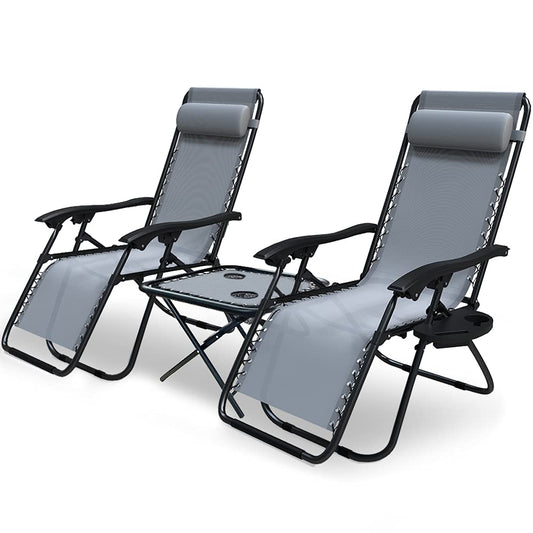 VOUNOT? Zero Gravity Chair with Side Table, Set of 2, Folding Sun Loungers, Recliner Garden Chairs, Outdoor Deck Chairs with Cup and Phone Holder,