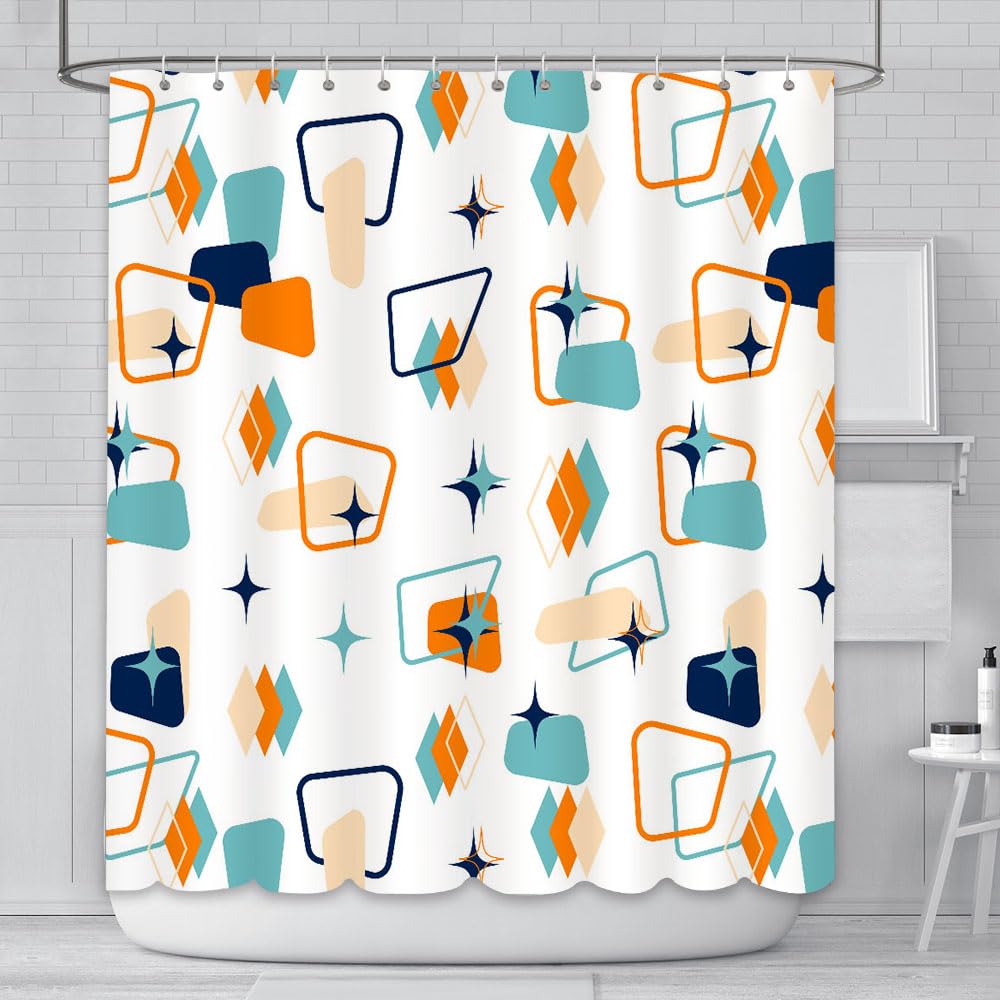 AIBIIN Mid-Century Shower Curtain Retro Abstract Geometric Space Classic 1950s 1960s Iconic Pattern Modern Home Decor Durable Waterproof Polyester