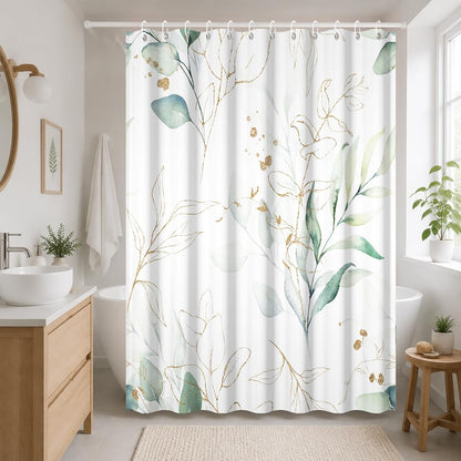 Uiiooazy Eucalyptus Shower Curtain, Sage Green Gold Leaves Pattern Bath Curtain Mildew and Mould Resistant Waterproof Polyester Fabric Washable