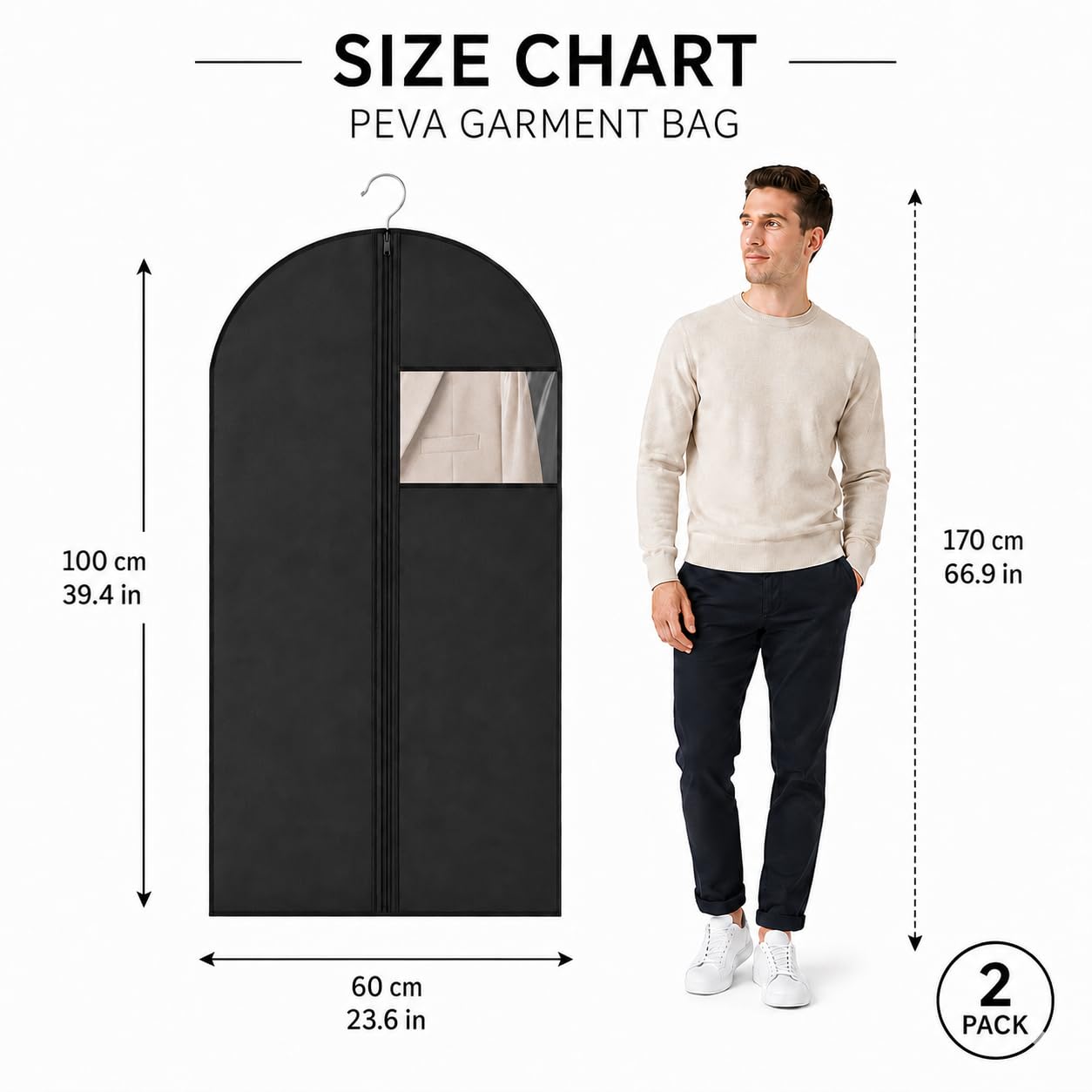 Sytinnice 2 Pack Dress Bags Covers Long 60 x 100 cm / 24 x 40 in, PEVA Hanging Garment Bags with Zipper