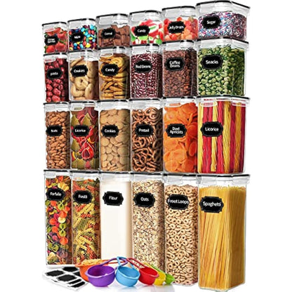 Skroam 24 Pack Airtight Food Storage Containers with Lids for Kitchen Pantry Organization and storage, BPA Free, Plastic Canister Set for Cereal, Pasta, Flour & Sugar - Spoon Set, Labels & Marker