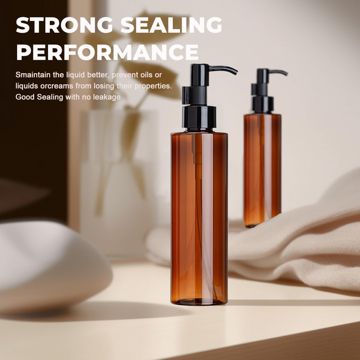 2PCS 200ML Amber Plastic Lotion Pump Bottles Refillable Cosmetic Storage Containers Vials with Black Pump for Shampoo & Makeup Remover Oil