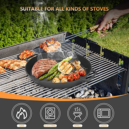 onlyfire Cast Iron Pan Serving Pan Frying Pan Casserole 13.8 inch Pre-Seasoned BBQ Grill Pan for Gas Grill, Charcoal Grill Frying Pan, Pizza Pan, Oven