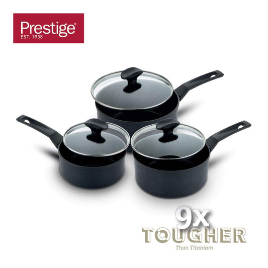 Prestige - 9x Tougher - 3 Piece Saucepan Set - Durable Cookware - Superior Dimpled Non-Stick - Induction Suitable - Dishwasher and Oven Safe - Glass