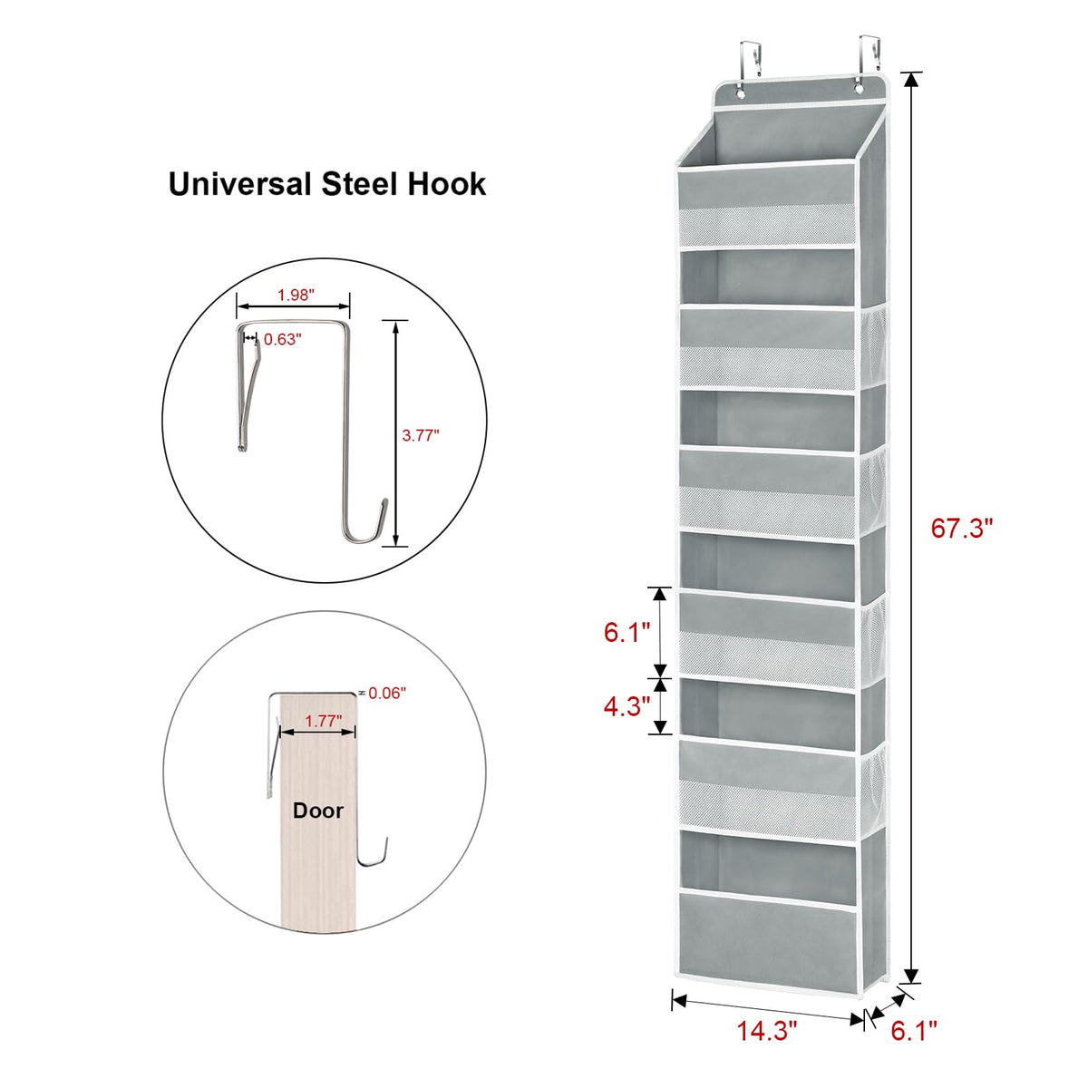 Univivi Over The Door Organiser, 6-Shelf Back of Door Storage, Grey