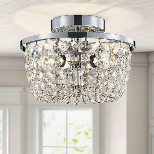 WUZUPS Crystal Chandelier Semi-Flushmount Ceiling Light Modern Lighting Fixture for Bedroom Hallway Bar Kitchen Bathroom, H 19.3cm W 25cm, Chrome, G9