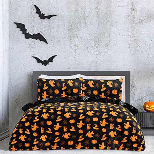 Sleepdown Halloween Spooky Ghost Black Orange Flannel Fleece Reversible Duvet Cover Quilt Bedding Set with Pillowcase Warm Soft Easy Care Bed Linen - Single (135cm x 200cm), 5056557512508