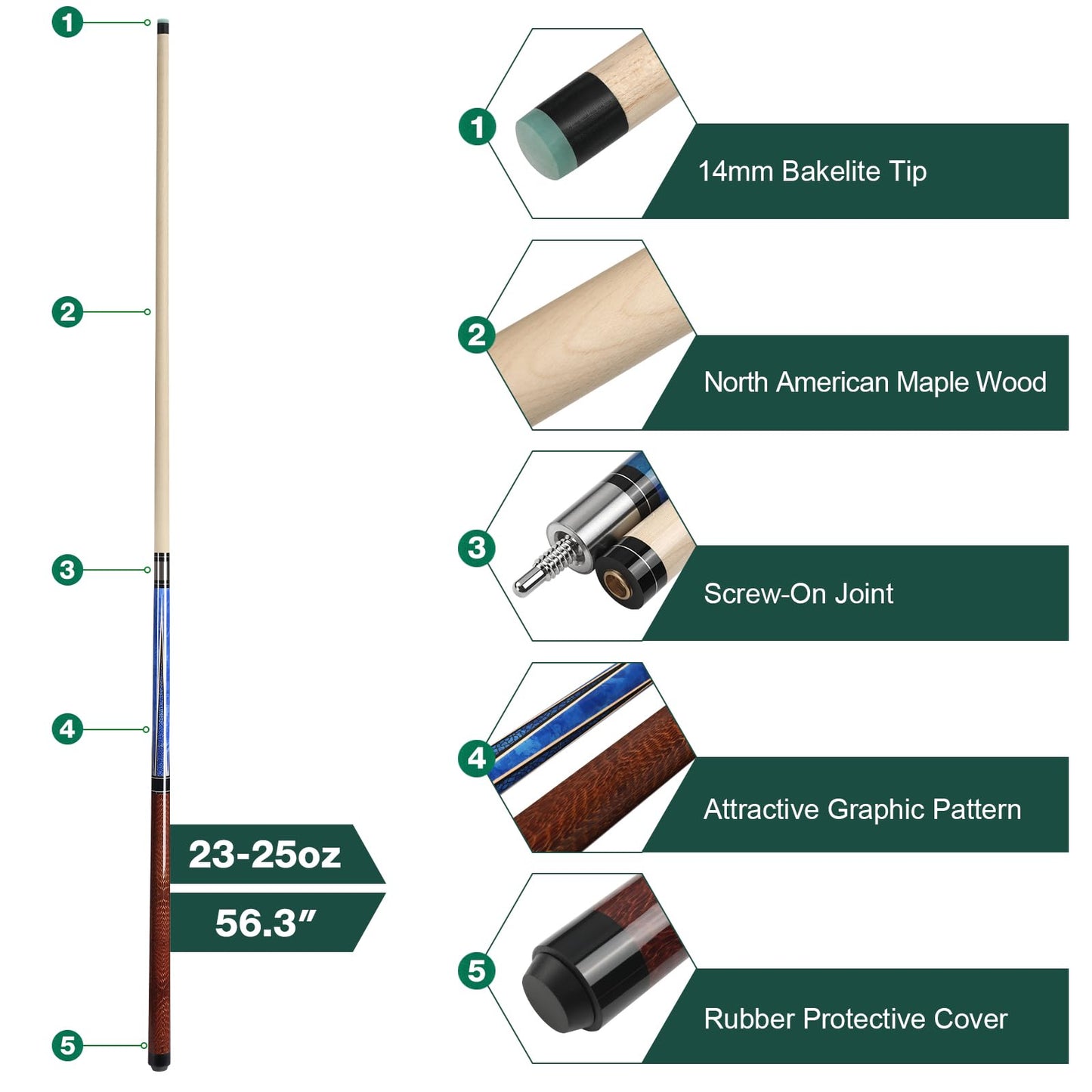 ASMPCUE Pool Cue, Heavy Hitter Jump Break Billiard Cue 20/23~25oz for Explosive Breaks and Effortless Jumps, 3in1, 14mm Bakelite Tip Canadian Maple