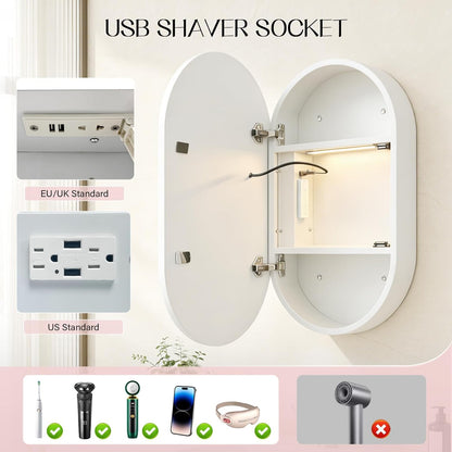 Janboe Oval Mirror Cabinet with Light,LED Mirror Cabinet,USB Shaver Socket,Internal Light,Steel with Powder Coating,Soft Closing Hinge,51cm×81cm,White