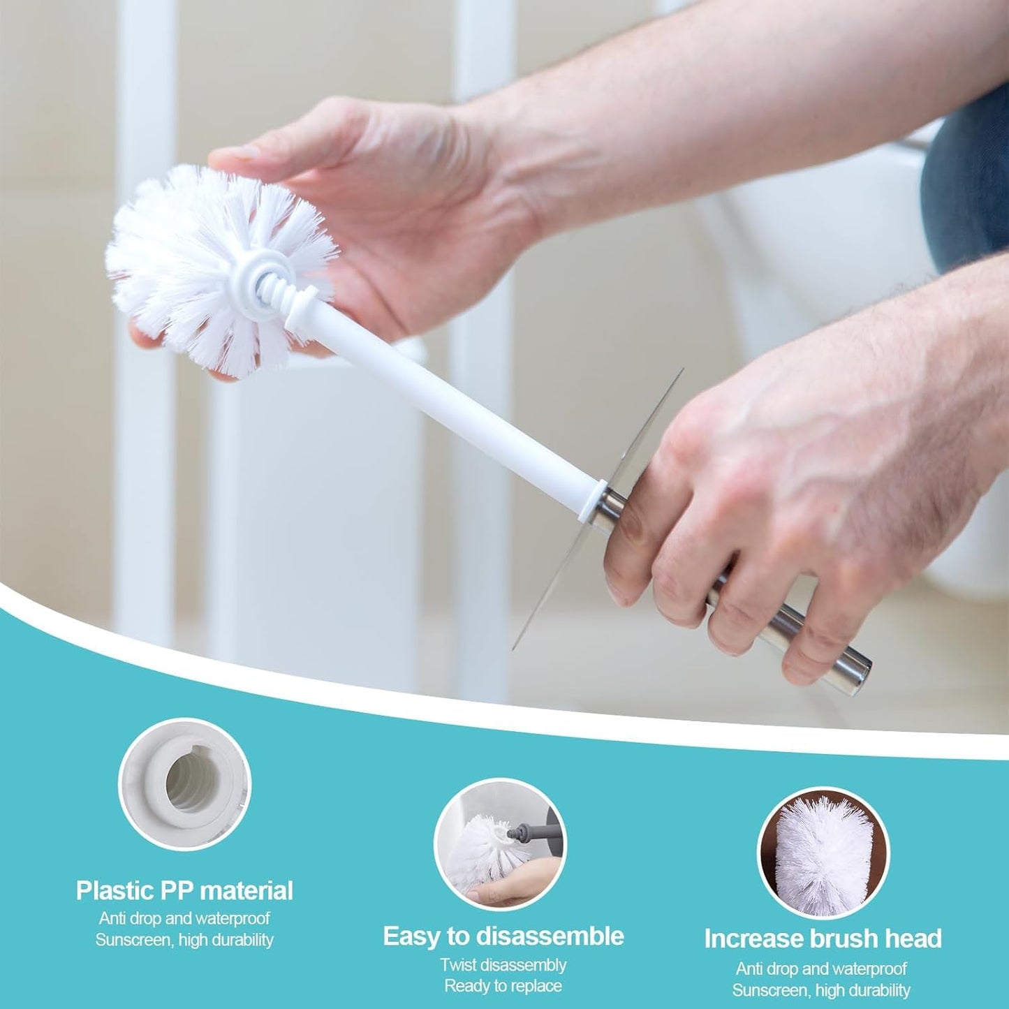 4 Pack Toilet Brush Replacement Heads White Screw On 12mm Thread Port, Antibacterial Stiff Bristles, Universal Fit for Most Toilet Brush Handles