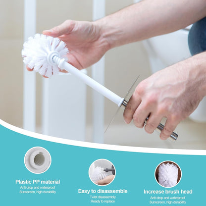 4 Pack Toilet Brush Replacement Heads White Screw On 12mm Thread Port, Antibacterial Stiff Bristles, Universal Fit for Most Toilet Brush Handles