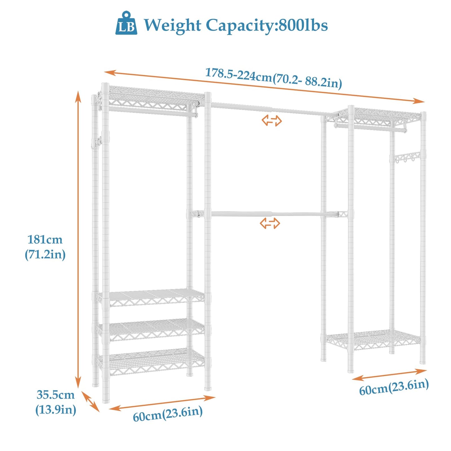 KZOBYD Expandable Clothes Rail Rack, Length 70.2-88.2 inch (White)