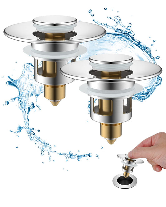 Hibbent 2PCS Sink Plug,Pop up Sink Plugs with Drain Strainer, Brass Bounce Core Push-Type Drain Plug, Universal Sink Stopper Replacement for Bathroom